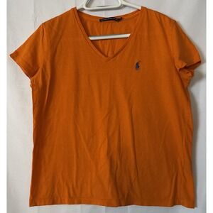 Ralph Lauren Sport Orange Blue Pony‎ V-Neck T Shirt Short Sleeve Women's Size L